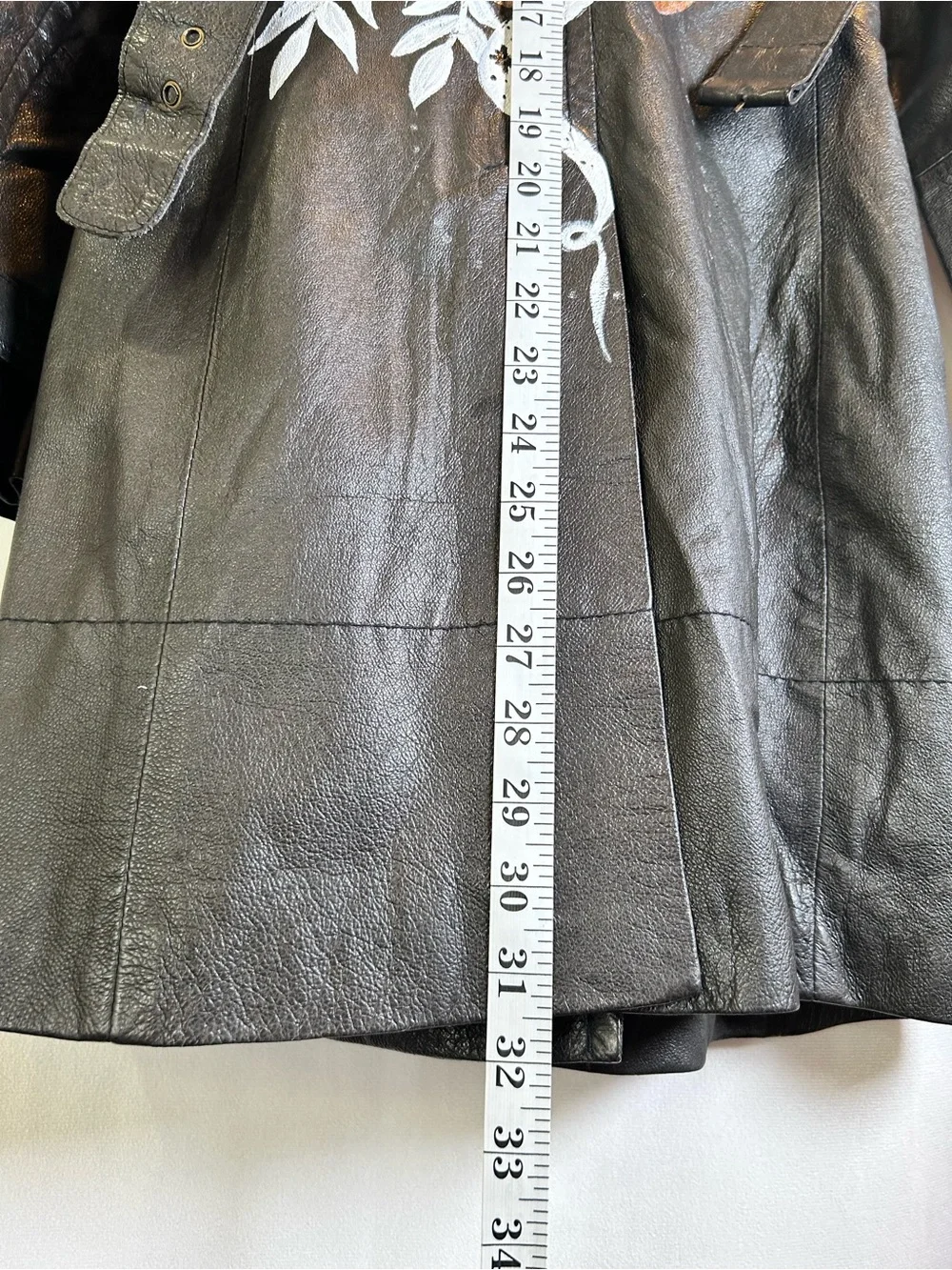Y2K Le Château Black Leather Trench Coat Painted Back Graphic 90’s Grunge Size S - Picture 2 of 14